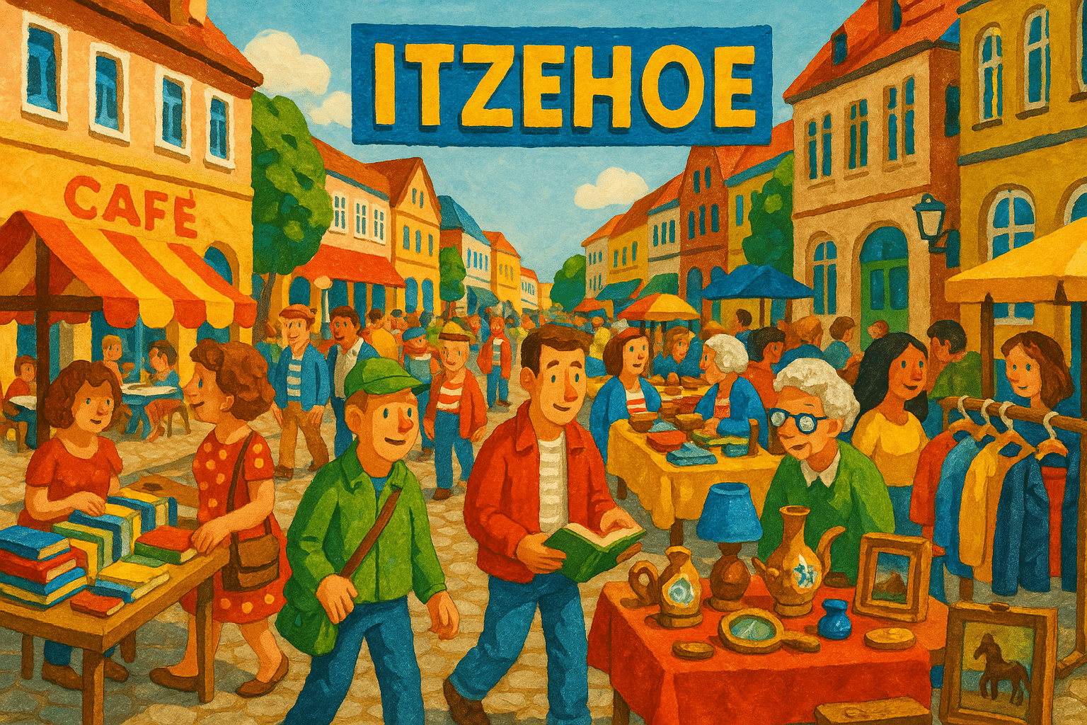 Innenstadtflohmarkt in Itzehoe mit Ständen und Besuchern auf einer langen Marktstrecke