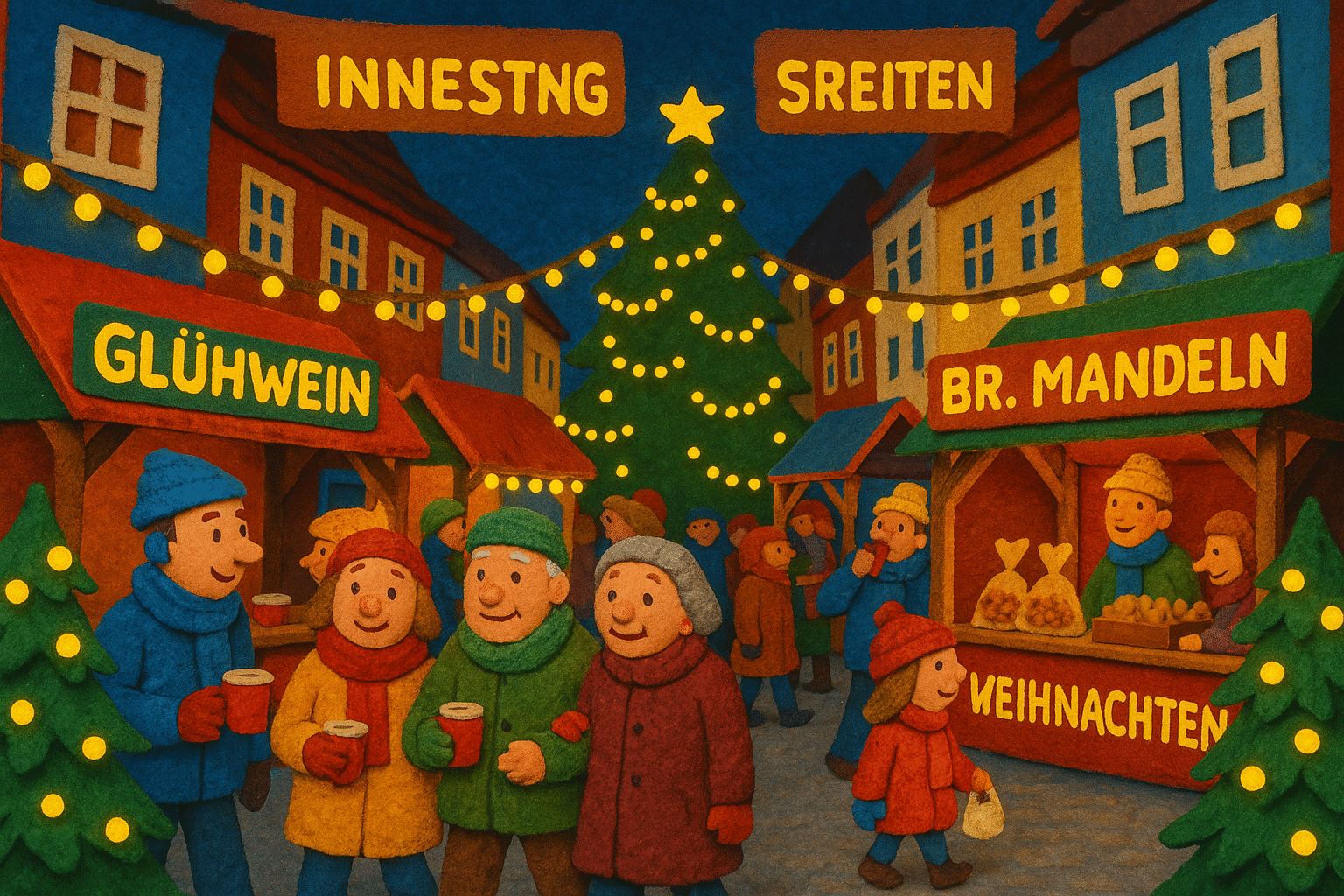 Festlich beleuchteter Weihnachtsmarkt in der Itzehoer Innenstadt mit Glühweinbuden und stimmungsvoller Atmosphäre am Abend.