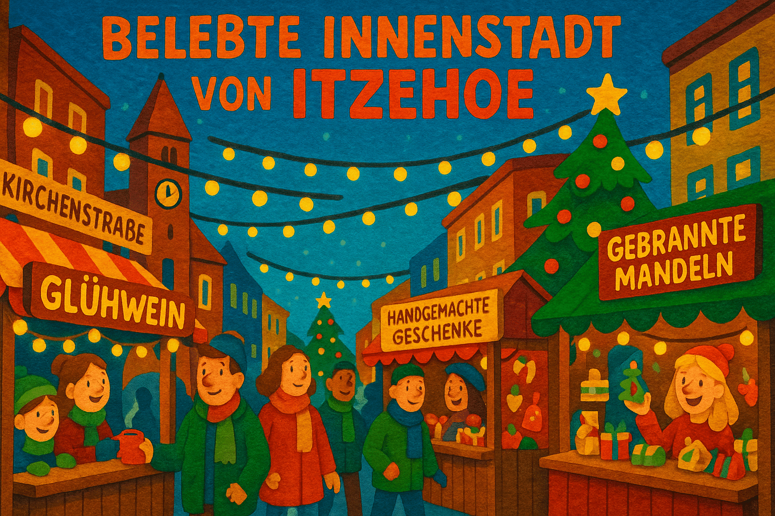 Weihnachtsmarkt Itzehoe in der Innenstadt bei Nacht mit festlich beleuchteten Ständen und Glühweinbuden.